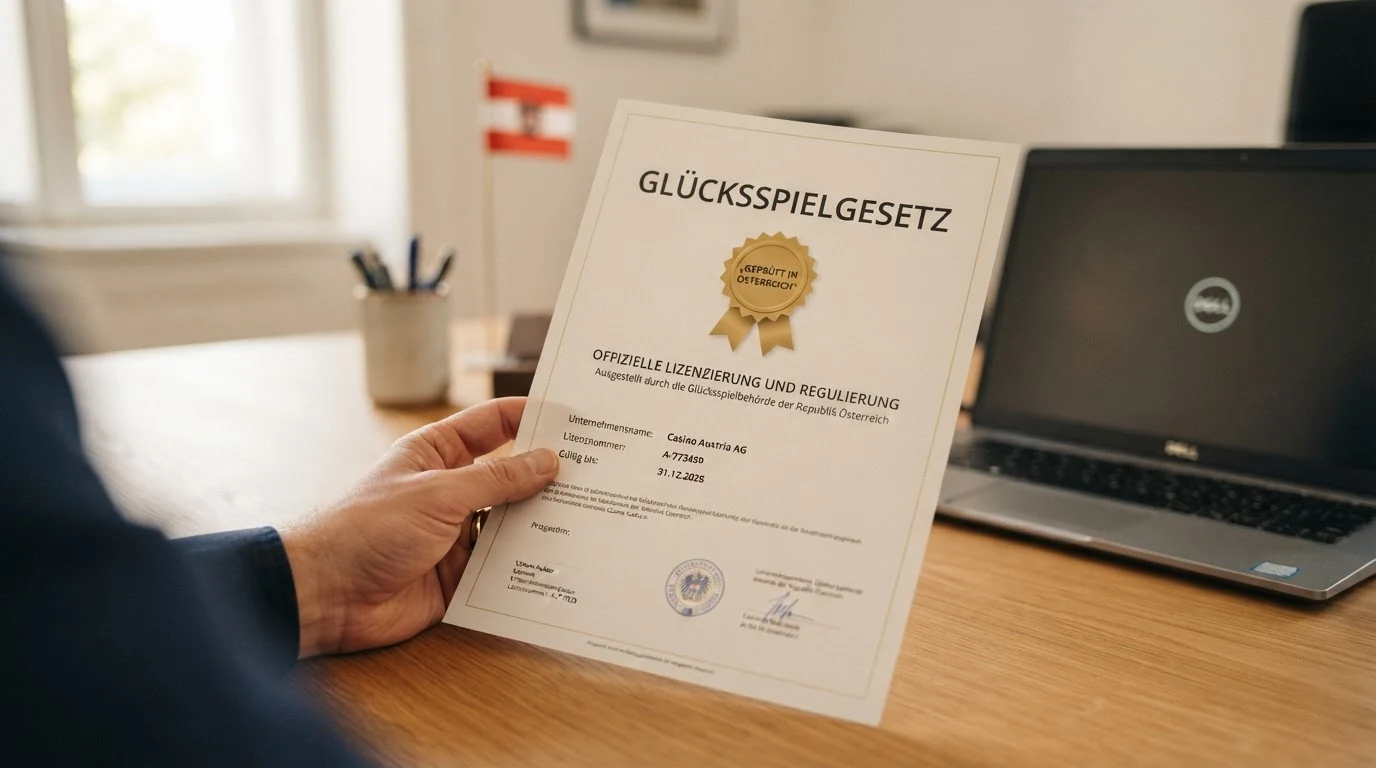 Offiziell wirkendes Dokument mit dem österreichischen Bundeswappen und dem Begriff Glücksspielgesetz als Hintergrundtext