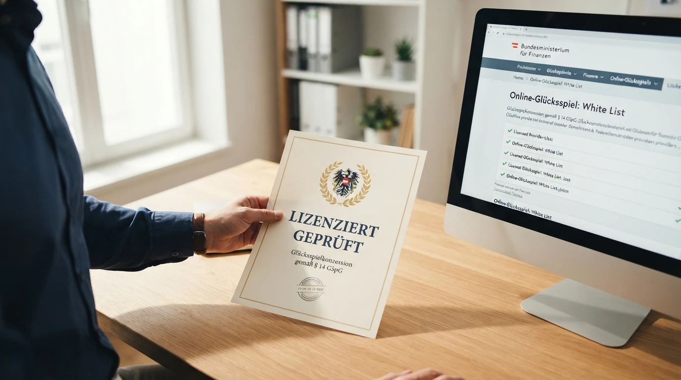 Ein amtliches Dokument mit österreichischem Bundeswappen, daneben das Logo der BMF-White-List auf einem Monitor