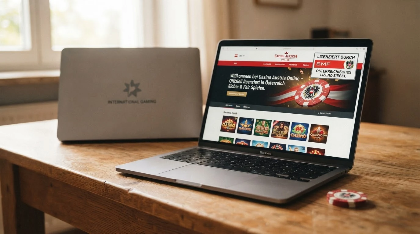 Screenshot der win2day-Startseite mit sichtbarem Hinweis auf die österreichische Konzession, daneben Logos internationaler Casino-Marken ohne AT-Lizenz