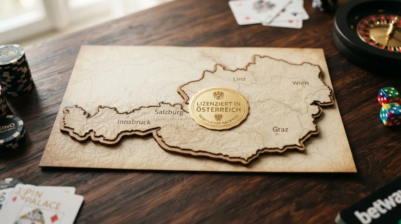 Eine stilisierte Österreich-Karte mit dem win2day-Logo als einzigem Punkt innerhalb der Grenzen und mehreren Casino-Logos außerhalb