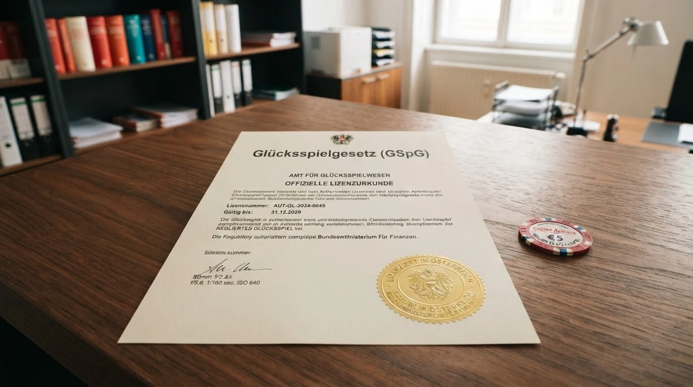Ein offiziell wirkendes Dokument oder Zertifikat mit Bezug zum Glücksspielgesetz, etwa das BMF-Logo oder ein Auszug aus der White List der Konzessionäre