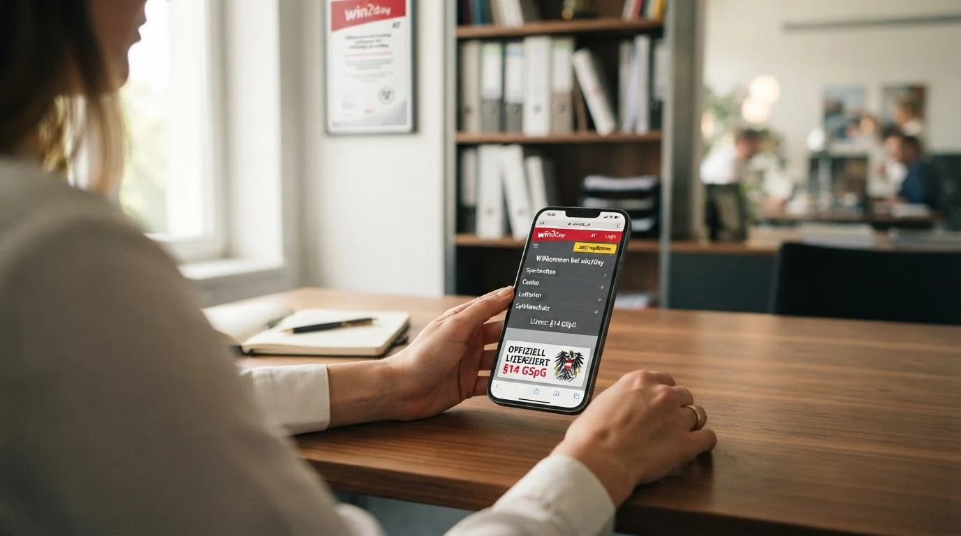 Offizielles win2day-Logo auf einer Casino-Startseite mit dem Hinweis „Konzession nach §14 GSpG“ und einem Smartphone mit gesperrtem Zugang zu Offshore-Casinos