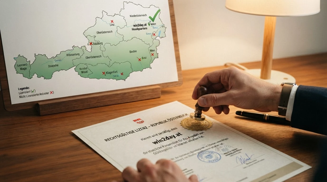 Stilisierte Österreich-Karte mit einem grünen Haken auf Wien (win2day) und roten Kreuzen auf den Standorten der Offshore-Anbieter — über der Karte das BMF-Logo und das GSpG-Siegel