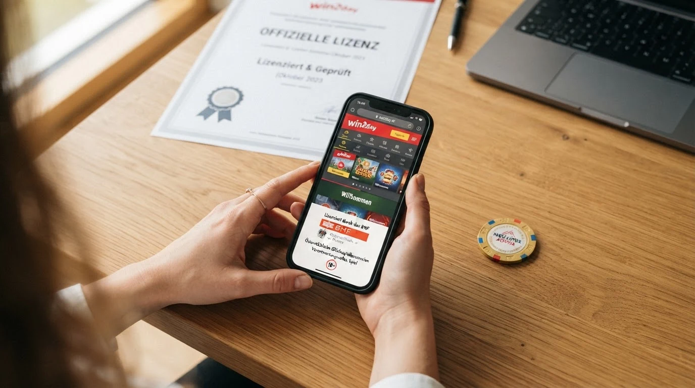Offizielles österreichisches Konzessionsdokument oder das BMF-Logo neben der win2day-Startseite mit Glücksspielgesetz-Referenz