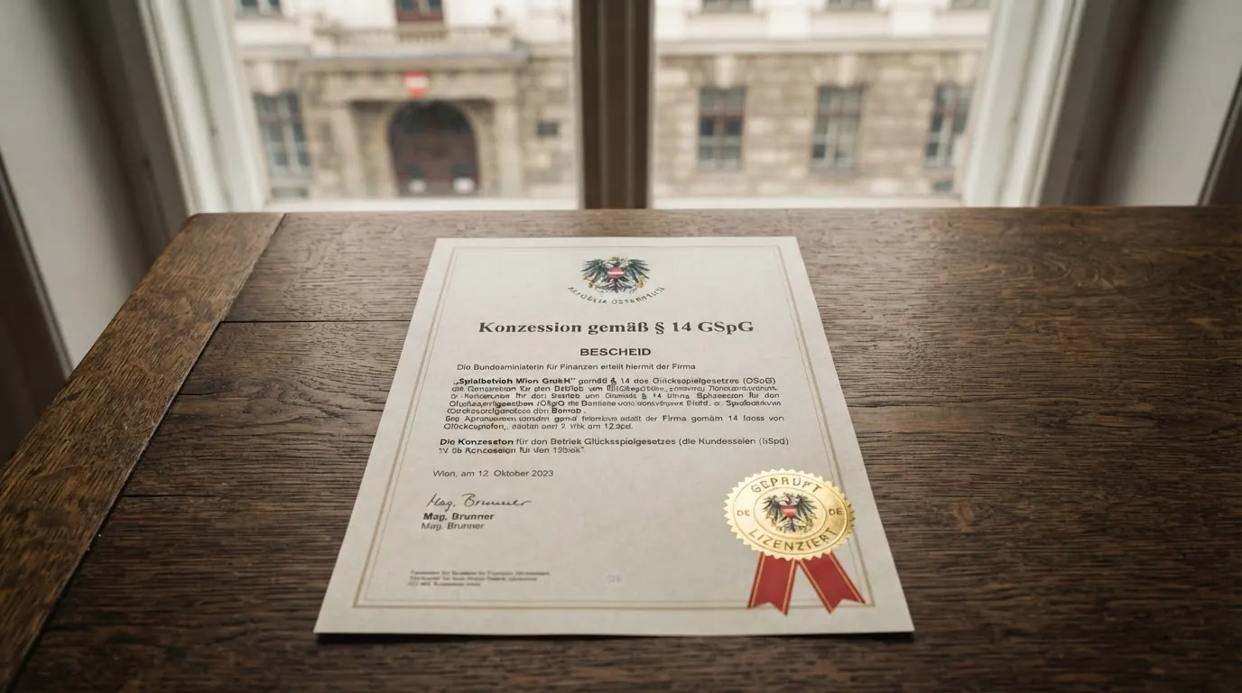 Ein amtlich wirkendes Dokument mit dem Bundesadler Österreichs und dem Titel „Konzession gemäß § 14 GSpG“, daneben das Logo der Österreichischen Lotterien — im Hintergrund angedeutet: das BMF-Gebäude in Wien
