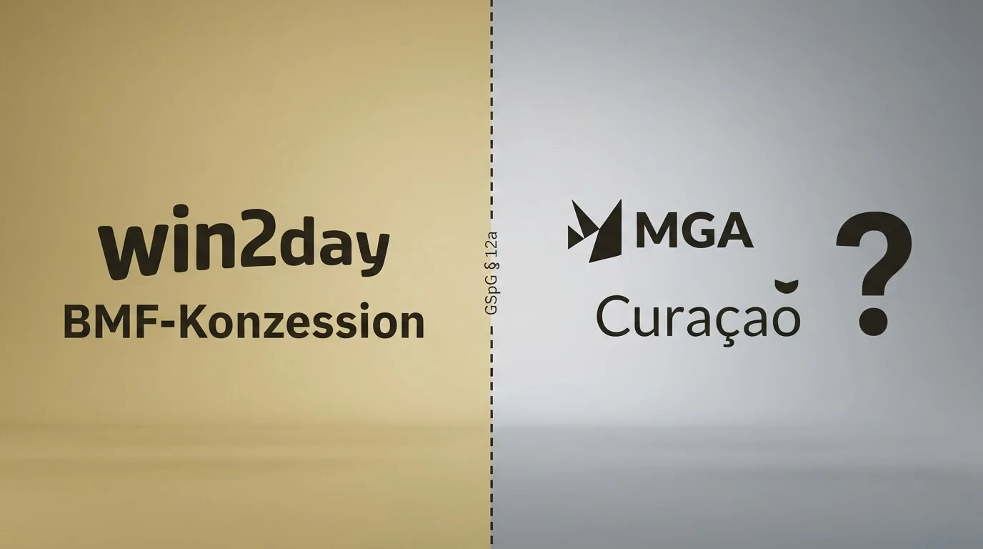 Gegenüberstellung: links das win2day-Logo unter der Überschrift „BMF-Konzession", rechts eine Auswahl von MGA-Logo, Curaçao-Siegel und ein Fragezeichen – grafisch getrennt durch eine gestrichelte Linie mit der Beschriftung „GSpG § 12a"