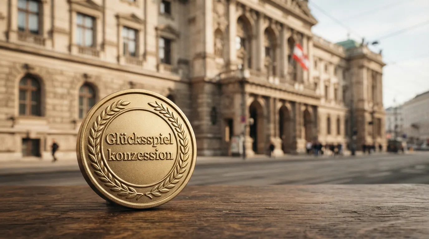 Das offizielle Gebäude des Bundesministeriums für Finanzen in Wien, davor ein Siegel mit der Aufschrift „Glücksspielkonzession“