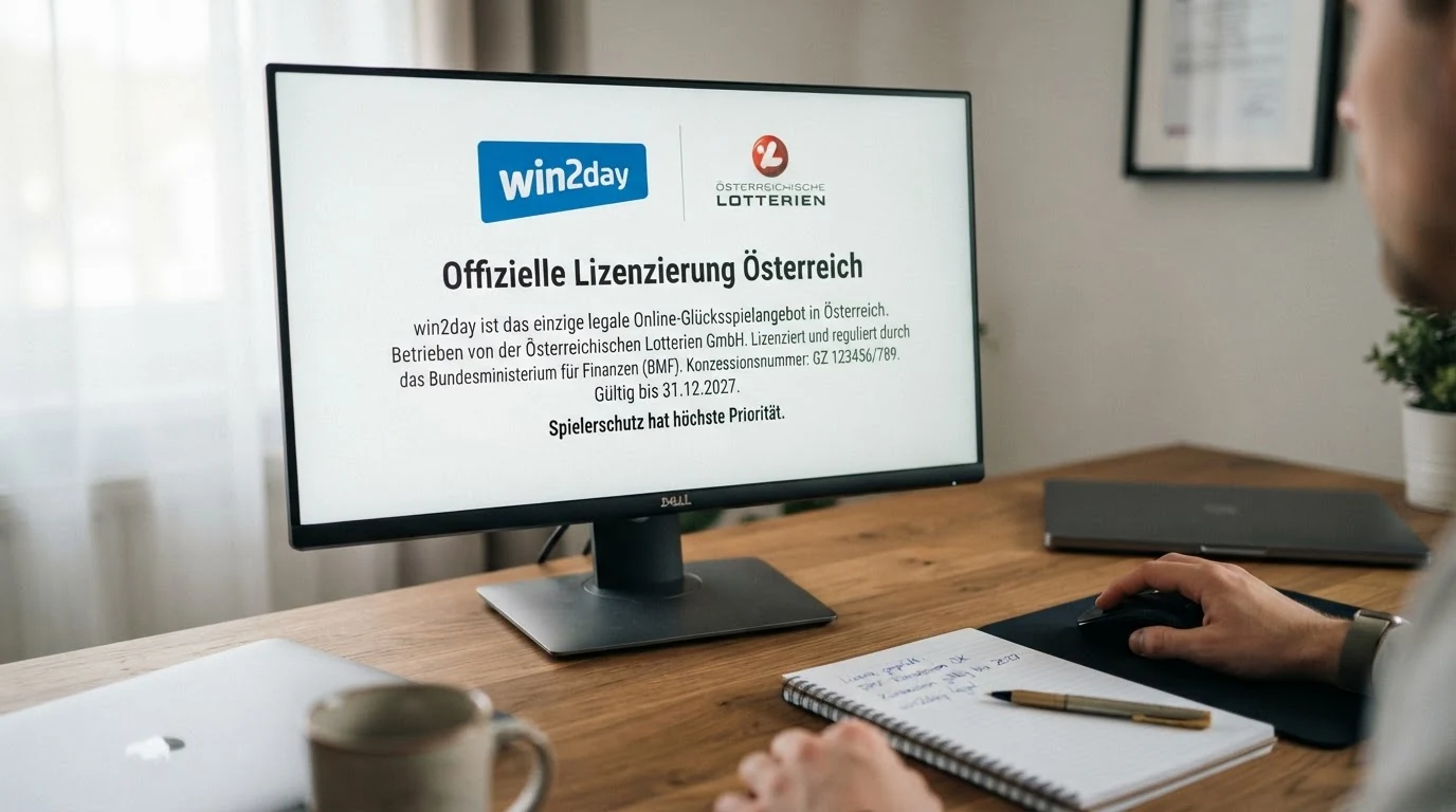 Ein Screenshot des BMF-Konzessionshinweises auf win2day mit dem offiziellen Glücksspiel-Logo der Österreichischen Lotterien