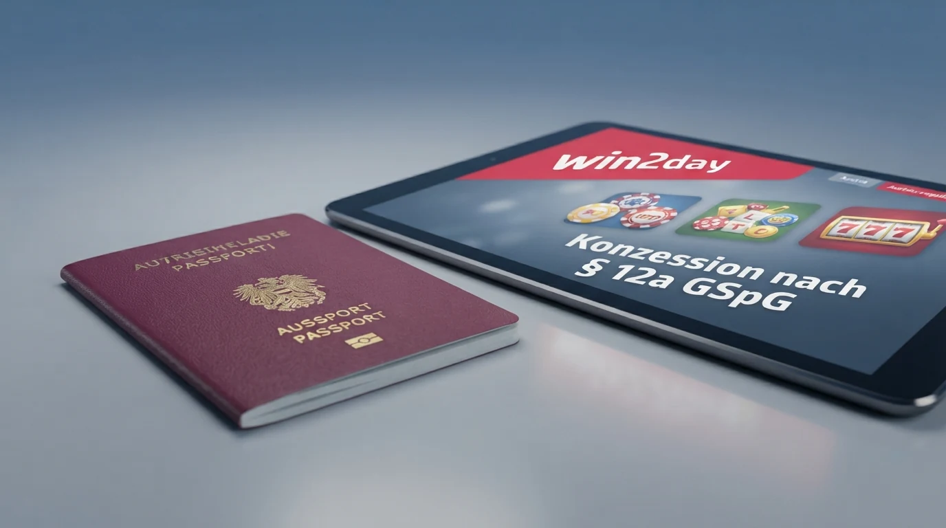 Ein österreichischer Reisepass liegt neben einem Tablet, auf dessen Bildschirm das win2day-Logo und der Hinweis „Konzession nach § 12a GSpG“ zu sehen sind