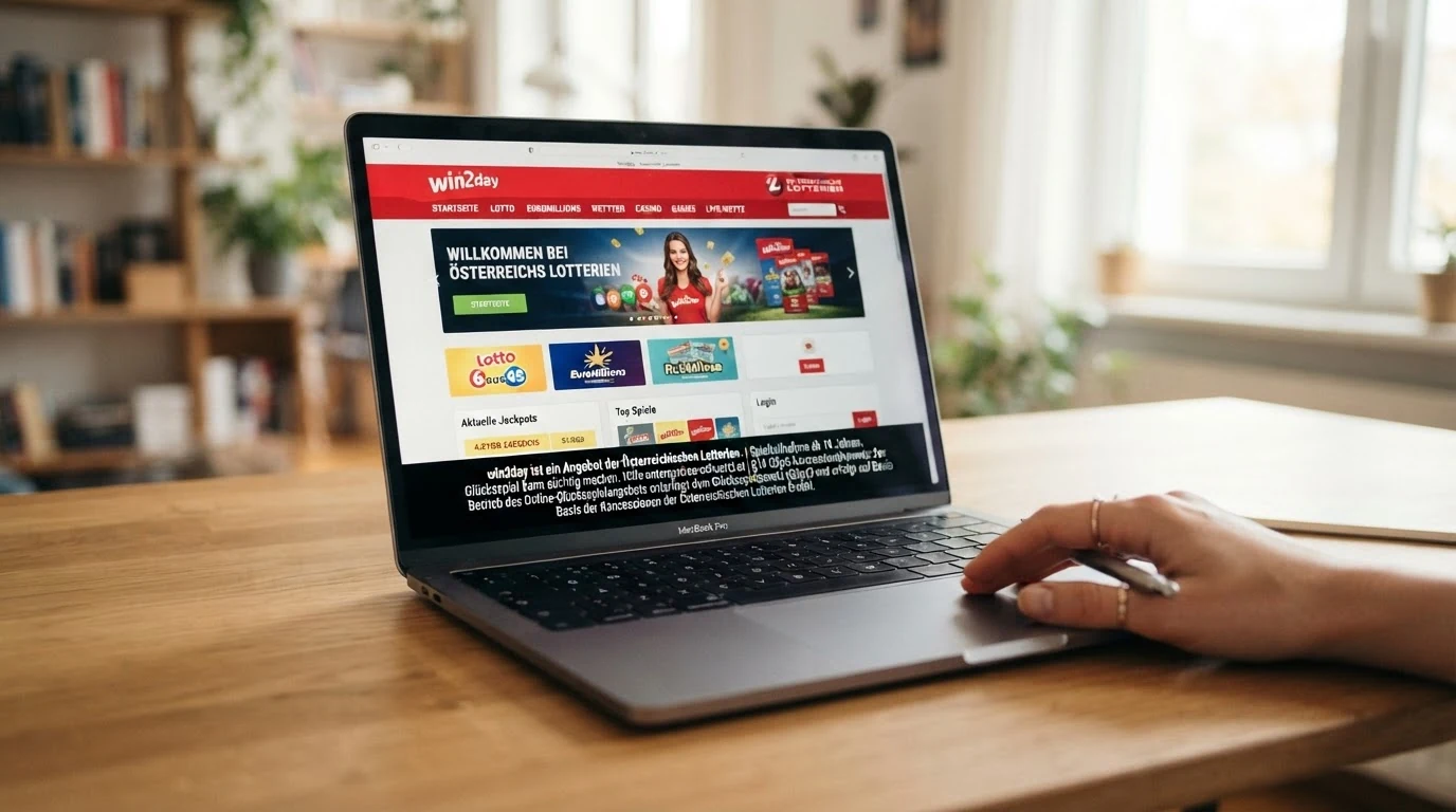 Die offizielle win2day-Startseite mit dem Logo der Österreichischen Lotterien und dem Hinweis auf die Konzession nach §14 GSpG