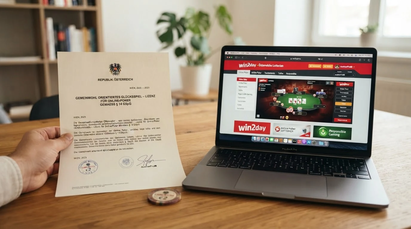 Offizielles Dokument mit österreichischem Bundesadler neben einem Bildschirm, der die win2day-Startseite zeigt