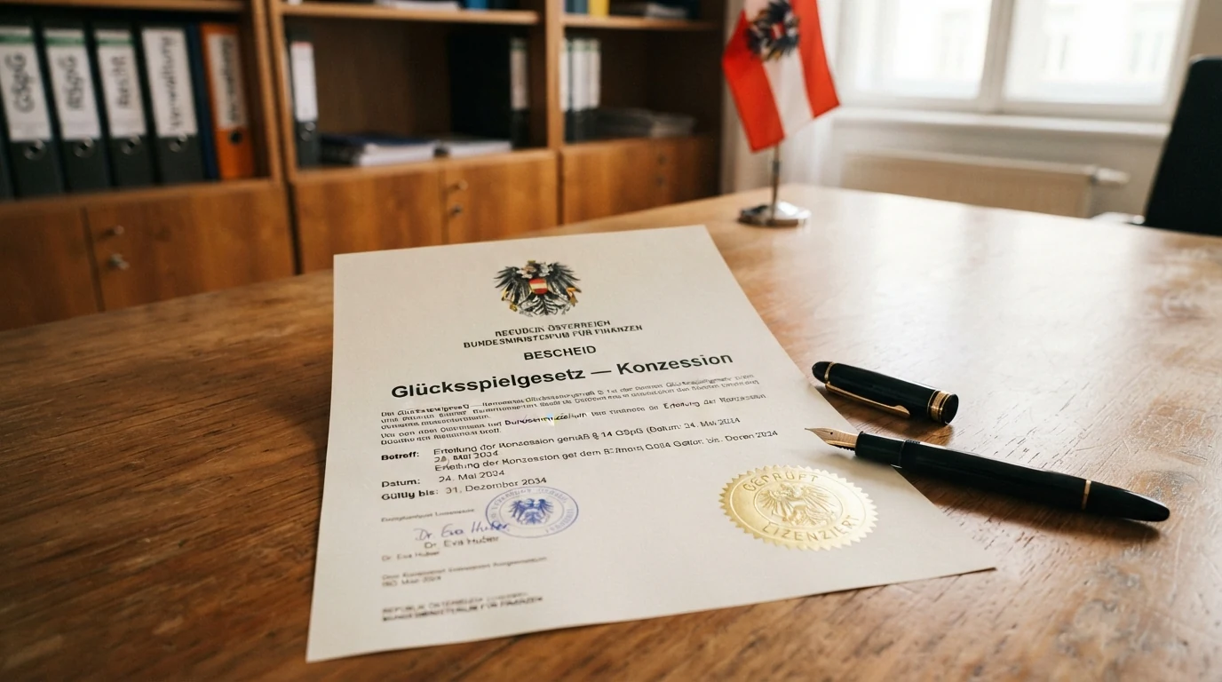 Offizielles Dokument mit österreichischem Wappen und dem Titel „Glücksspielgesetz — Konzession“