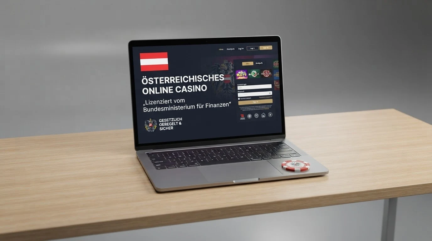 Die österreichische Flagge vor dem Bundesministerium für Finanzen in Wien, daneben ein aufgeklappter Laptop mit einer Casino-Startseite
