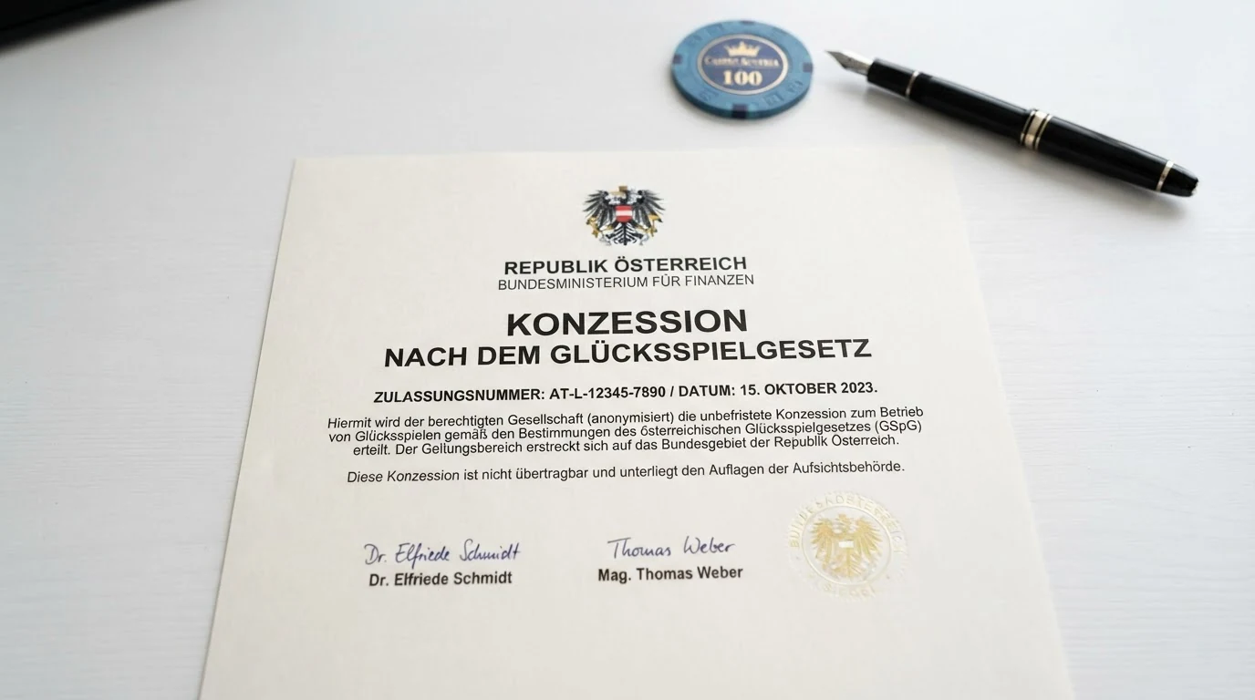 Ein offiziell wirkendes Dokument mit dem österreichischen Bundeswappen und dem Text „Konzession nach dem Glücksspielgesetz“ im Vordergrund, dahinter verschiedene Casino-Logos