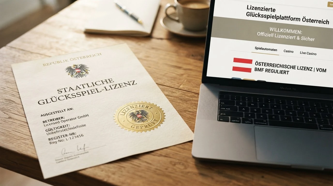 Ein stilisiertes österreichisches Wappen oder Behördendokument neben einem Bildschirm mit einer Casino-Startseite und einem durchgestrichenen Schloss-Symbol