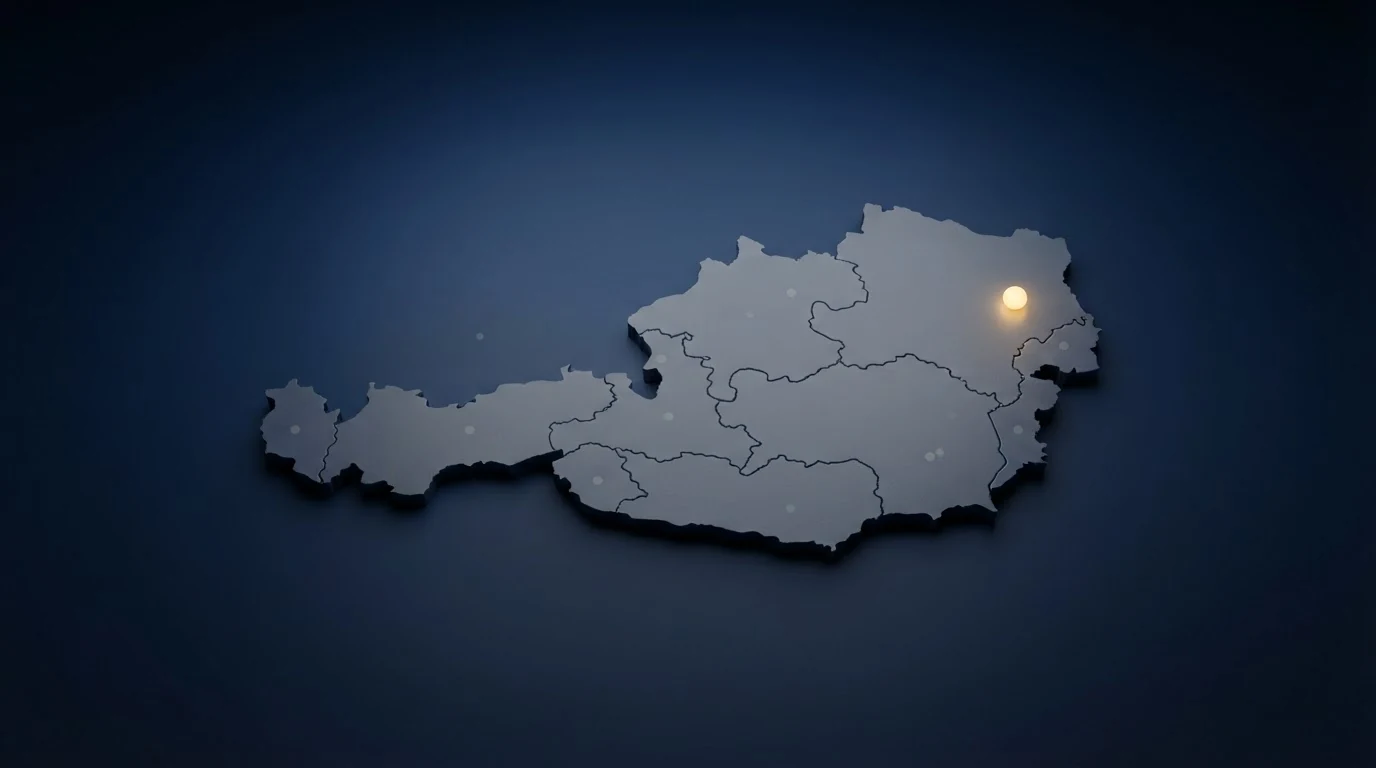 Eine stilisierte Österreich-Karte mit einem einzelnen leuchtenden Punkt (win2day) und neun transparenten Punkten — visualisiert das Konzessions-Monopol und die Marktrealität