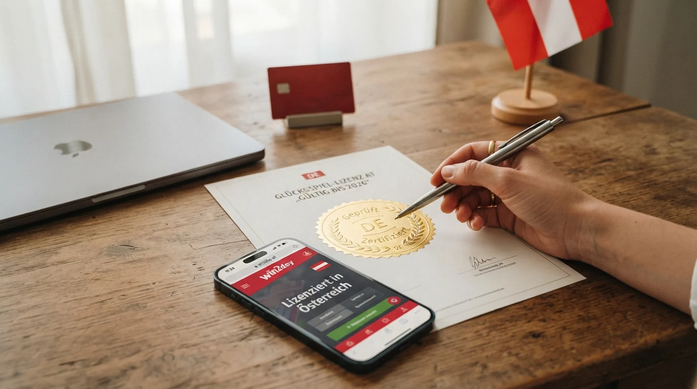 Das offizielle Logo des Bundesministeriums für Finanzen neben einem Smartphone mit der win2day-Startseite