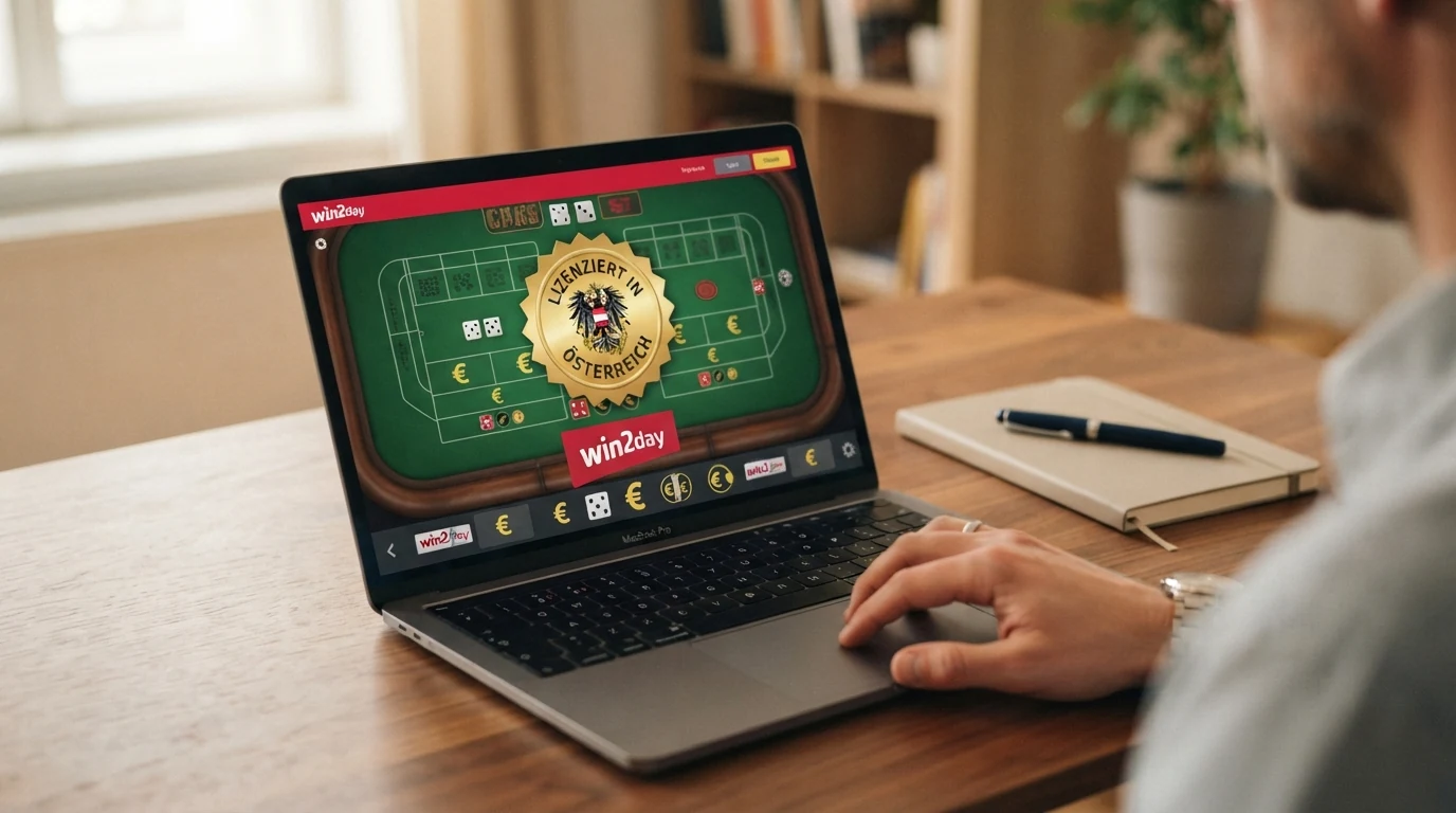 Screenshot der win2day-Craps-Oberfläche mit sichtbarem Lizenzhinweis der Österreichischen Lotterien und Einzahlungslimit-Anzeige