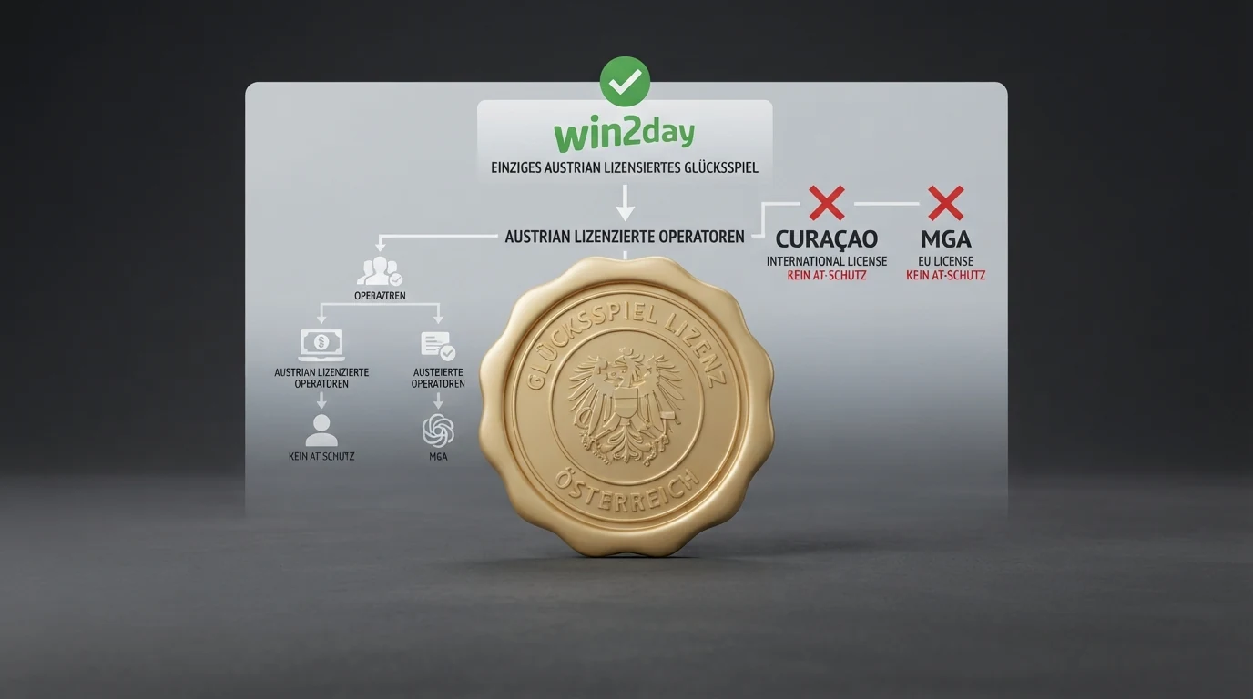 Schematische Darstellung des österreichischen Konzessionssystems: win2day als einziger legaler Anbieter, daneben Curaçao- und MGA-lizenzierte Casinos mit rotem „Kein AT-Schutz“-Vermerk