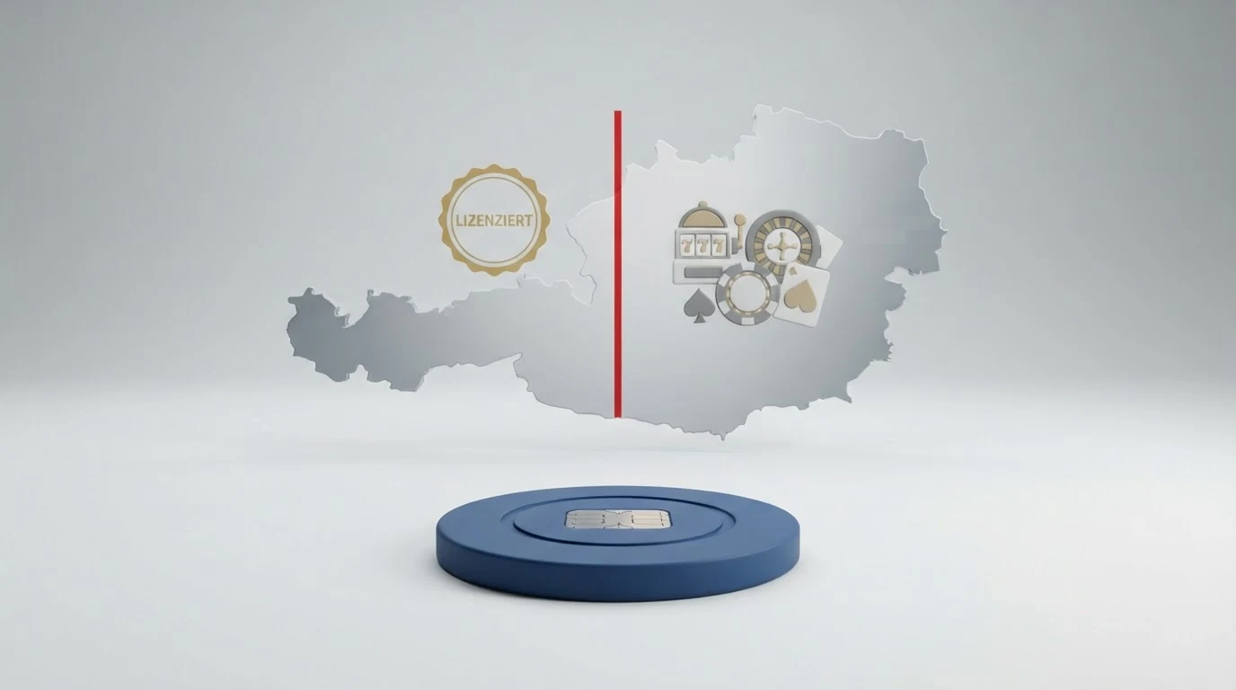 Eine stilisierte Österreich-Karte mit Markierung des BMF-Sitzes in Wien und einem roten Trennstrich zwischen „Konzessioniert“ (win2day-Logo) und „Nicht lizenziert“ (Offshore-Symbole)