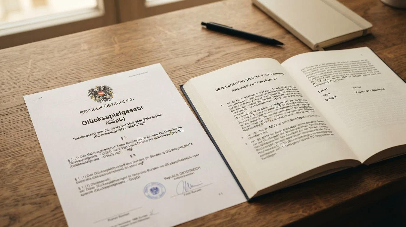 Ein amtliches Dokument mit dem Adler-Wappen der Republik Österreich und dem Titel „Glücksspielgesetz“ liegt auf einem Schreibtisch neben einem aufgeschlagenen EU-Urteilstext