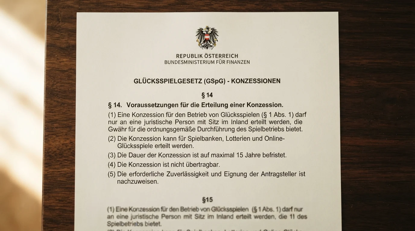 Nahaufnahme eines Paragrafen aus dem österreichischen Glücksspielgesetz (GSpG) mit dem Text zu §14 Konzession und dem österreichischen Bundesadler im Briefkopf