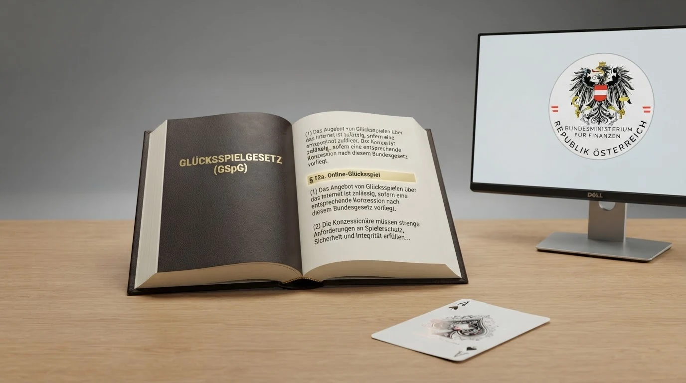 Ein aufgeschlagenes österreichisches Gesetzbuch, daneben das Logo des Bundesministeriums für Finanzen auf einem Bildschirm. Im Vordergrund eine Spielkarte als Symbol für Glücksspiel.
