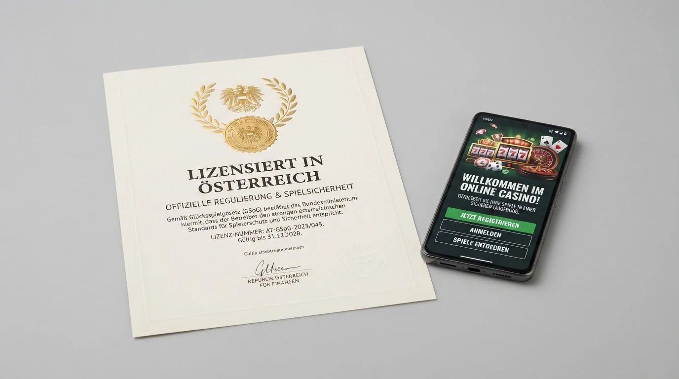 Ein offiziell wirkendes Dokument mit Hoheitszeichen und Siegel neben einem Smartphone, auf dem ein Casino-Willkommensbildschirm zu sehen ist — Symbolbild für den Gegensatz zwischen staatlicher Konzession und ausländischer Lizenz