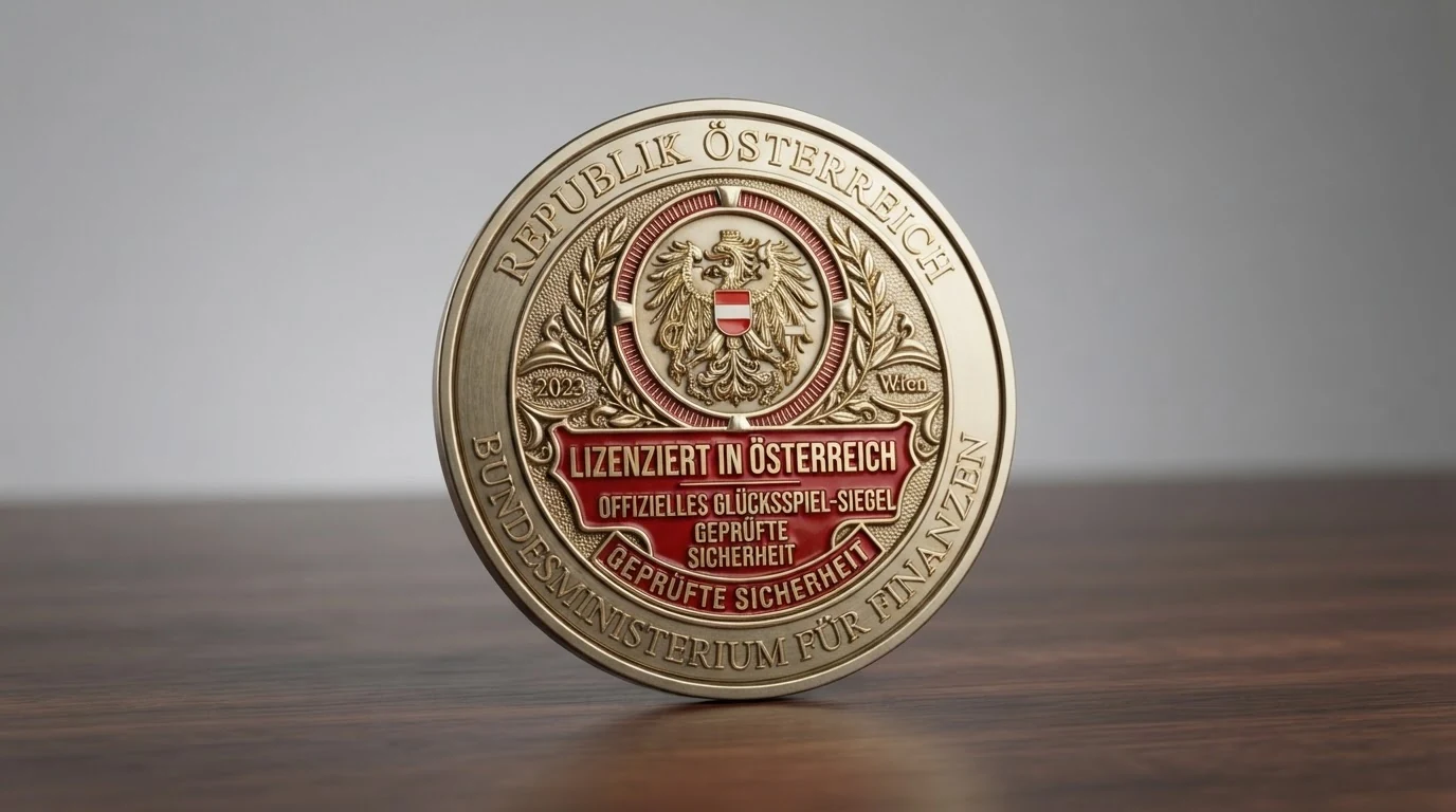 Offizielles Dokument mit Bundesadler und Schriftzug der österreichischen Glücksspielkonzession auf einem Schreibtisch