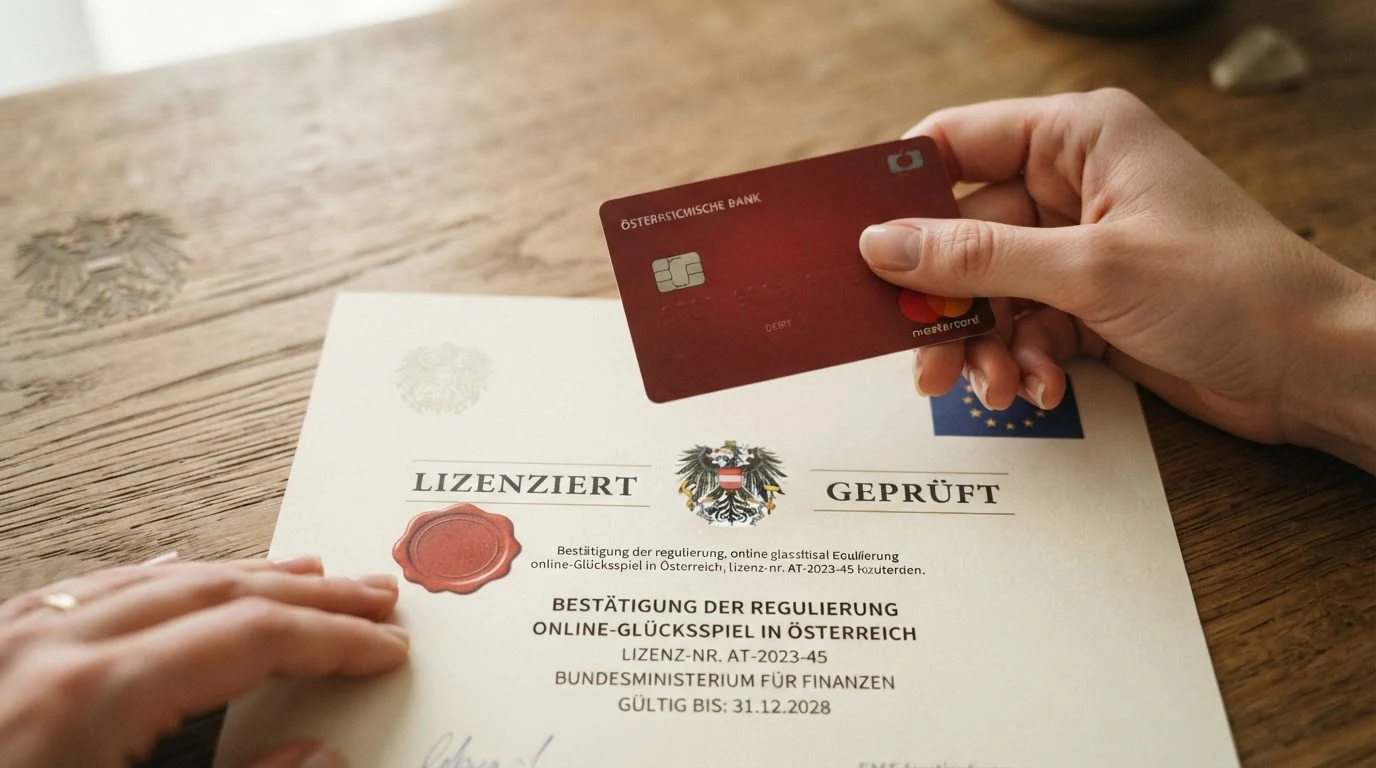 Das österreichische Bundeswappen, ein Paragrafensymbol und der EU-Sternenkranz auf einer stilisierten Karte Österreichs
