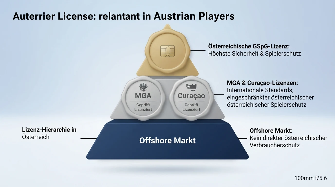 Schematische Darstellung der drei relevanten Lizenzebenen — nationale GSpG-Konzession, MGA-EU-Lizenz und Curaçao-Offshore-Lizenz — mit ihrem jeweiligen Schutzumfang für österreichische Spieler