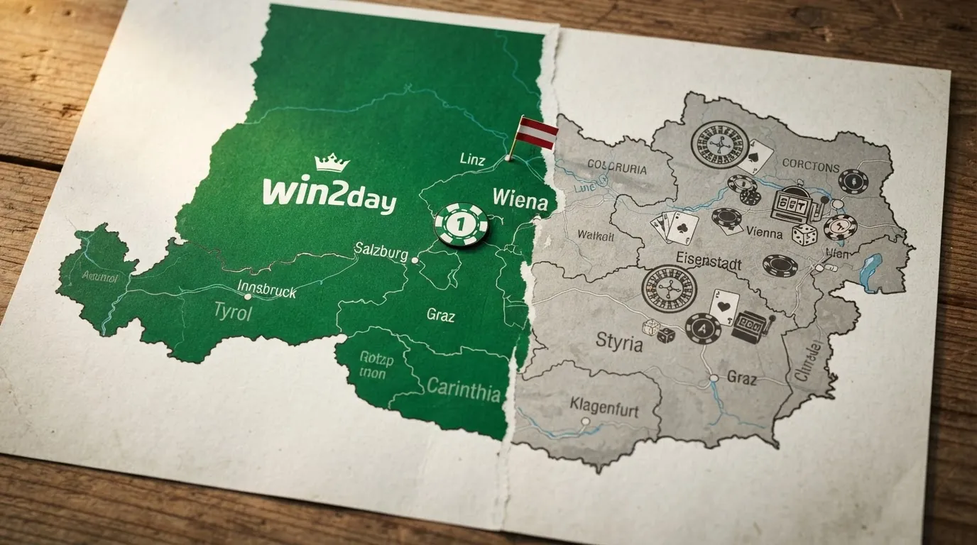 Eine stilisierte Österreich-Karte mit zwei farblich getrennten Bereichen: konzessionierter Betreiber (grün, win2day) und nicht-lizenzierte Betreiber mit EU-/Offshore-Lizenzen (grau, neun Anbieter)