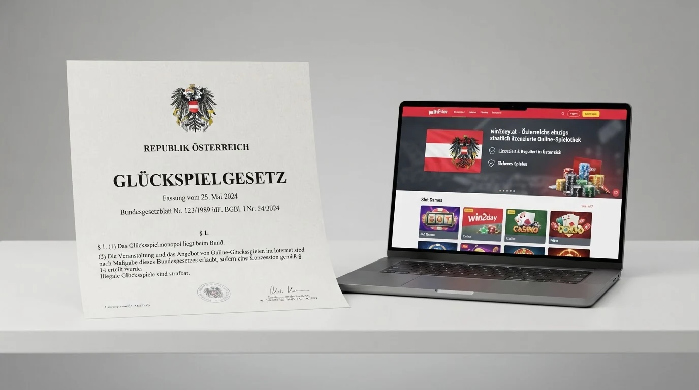 Ein amtliches Dokument mit dem Bundesadler und dem Schriftzug Glücksspielgesetz neben einem Bildschirm mit Casino-Oberfläche