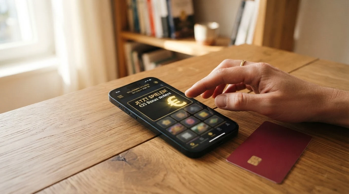Ein Smartphone mit einer Casino-App und einem durchgestrichenen österreichischen Wappen daneben.