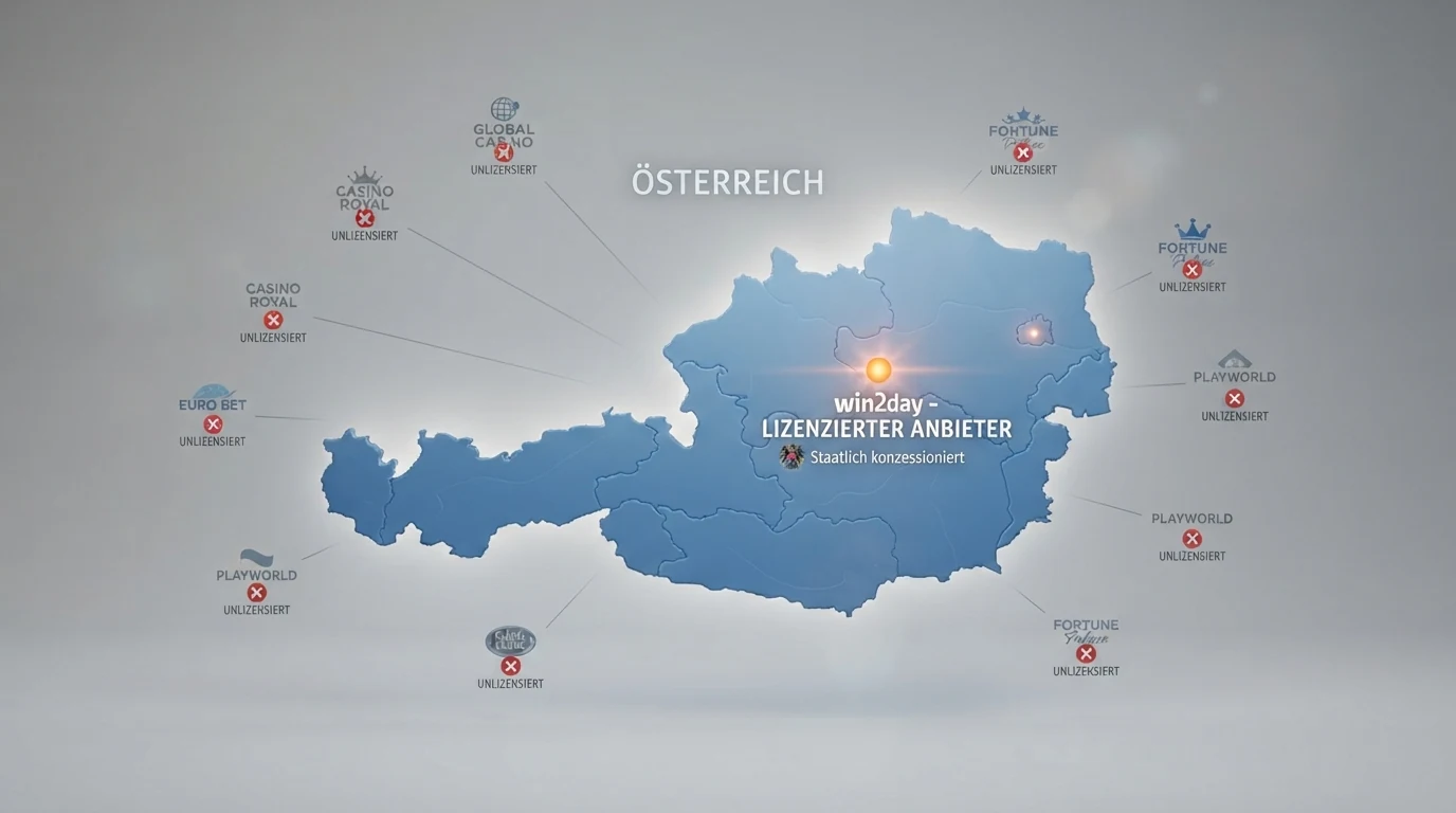 Eine stilisierte Österreich-Karte mit einem hervorgehobenen Punkt für den lizenzierten Anbieter und ausgegrauten Punkten für Offshore-Casinos ohne AT-Lizenz