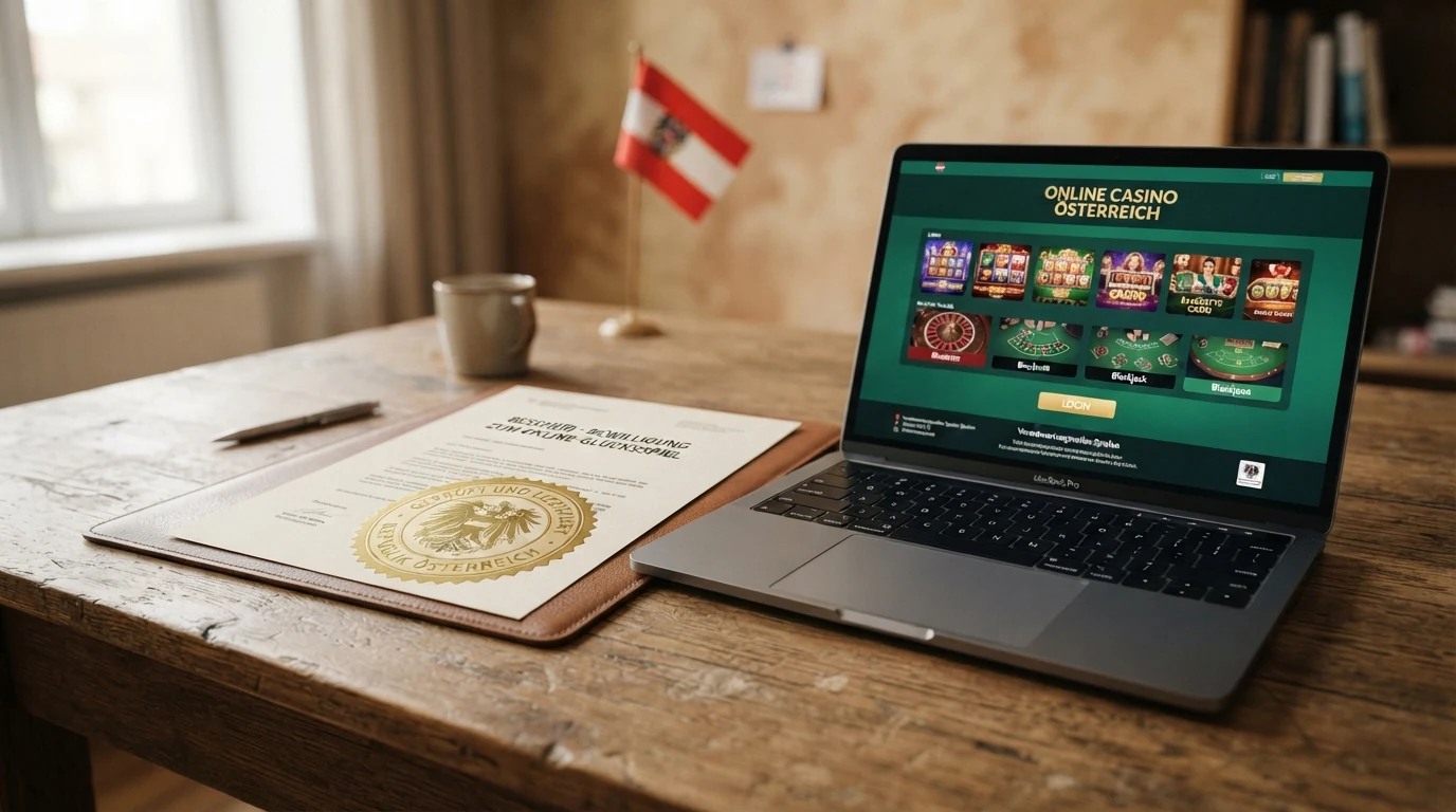 Ein offizielles Dokument mit BMF-Siegel neben einem Bildschirm, der ein Casino-Logo zeigt — eine visuelle Gegenüberstellung von legalem und nicht-lizenziertem Angebot