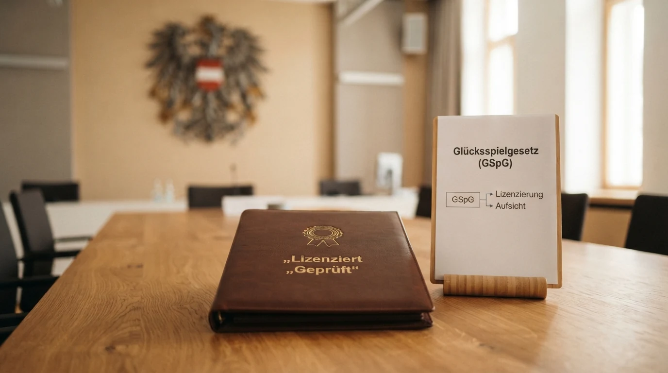 Eine stilisierte Darstellung des österreichischen Hoheitszeichens (Bundesadler) neben einem Dokument mit der Aufschrift „GSpG – Glücksspielgesetz“ und dem BMF-Schriftzug.