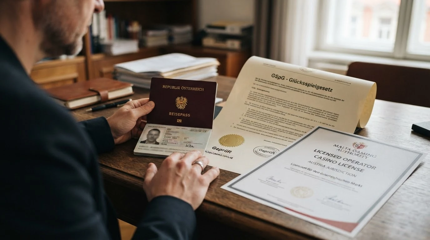 Ein österreichischer Reisepass neben einem EU-Abgeordnetenhaus-Dokument mit dem Titel „GSpG“ und einem MGA-Lizenz-Zertifikat auf einem Schreibtisch