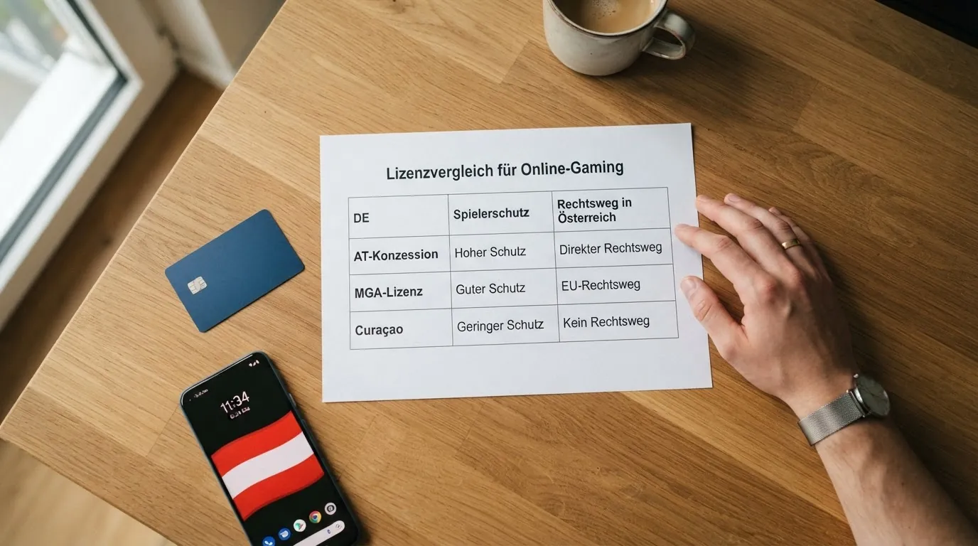 Übersichtstabelle mit drei Zeilen: AT-Konzession (win2day), MGA-Lizenz (Mr Green, bwin u. a.), Curaçao (20Bet) mit den Spalten „Spielerschutz“ und „Rechtsweg in Österreich“
