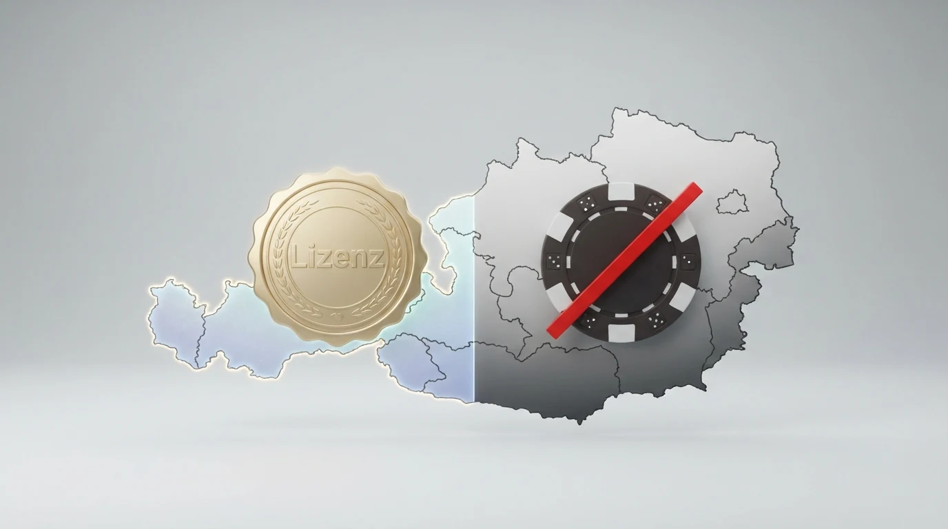Eine stilisierte Österreich-Karte mit dem win2day-Logo auf der einen und einem durchgestrichenen Offshore-Casino-Symbol auf der anderen Seite