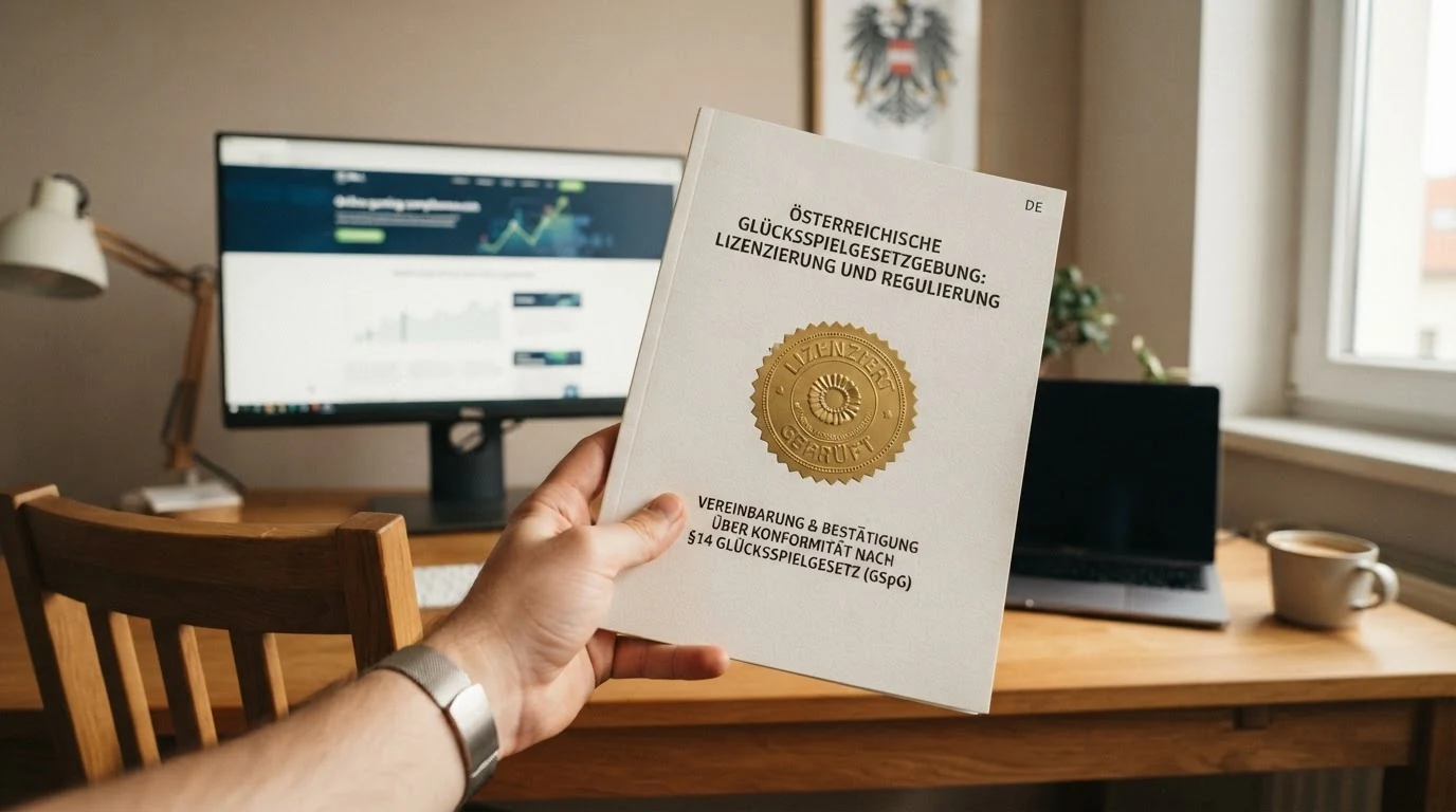 Offizielles Dokument mit Paragraph-Zeichen und dem Schriftzug Glücksspielgesetz vor einem Monitor mit Casino-Interface