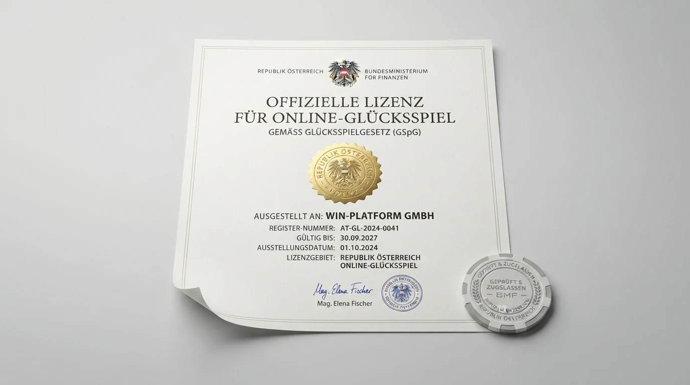 Offizielles österreichisches Dokument mit Bundeswappen im Kontext einer Glücksspiel-Lizenzprüfung