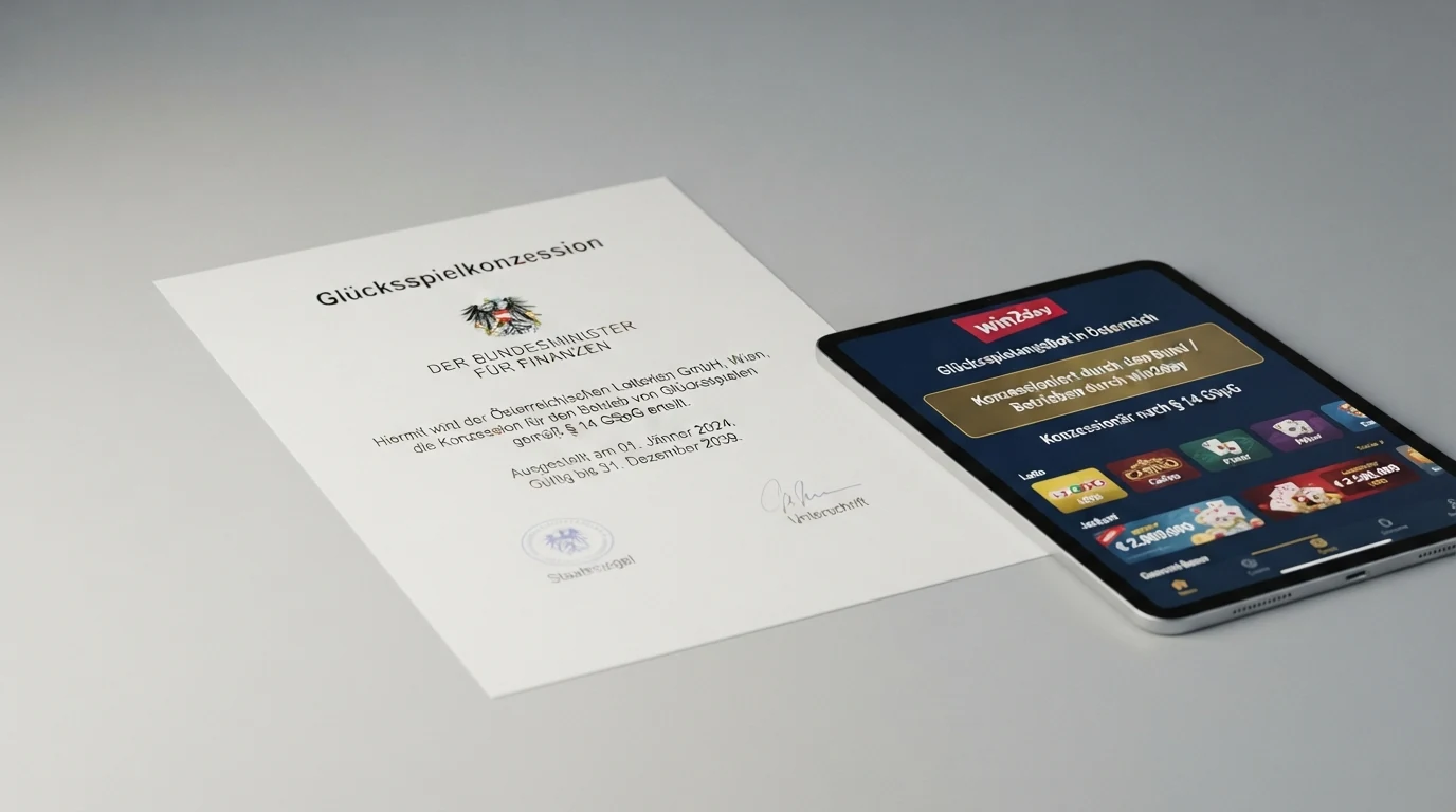 Ein offiziell wirkendes Dokument mit Bundesadler liegt neben einem Tablet, auf dem das win2day-Logo und der Schriftzug „Konzessionär nach § 14 GSpG“ zu sehen sind