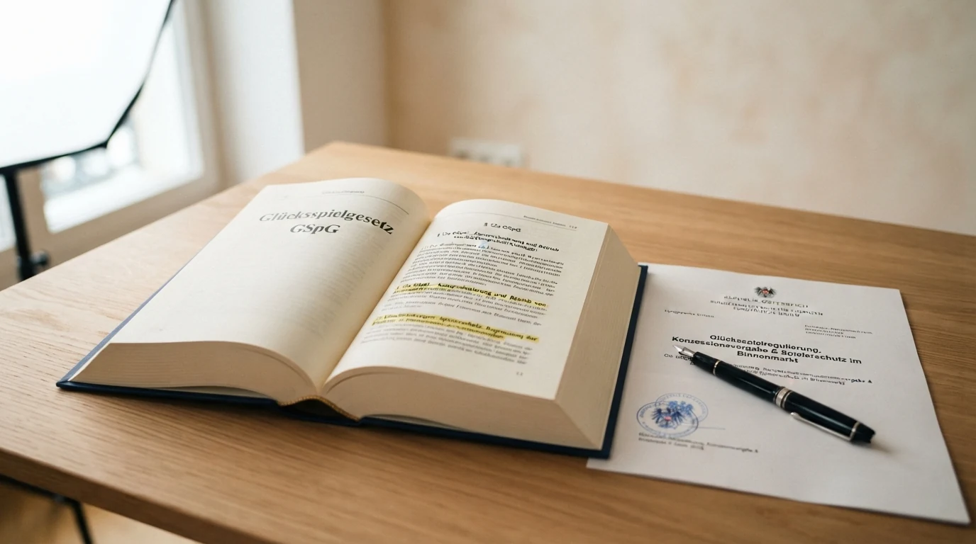 Ein aufgeschlagenes Gesetzbuch mit dem Titel „Glücksspielgesetz“, daneben das BMF-Logo und das EU-Emblem auf einem Schreibtisch