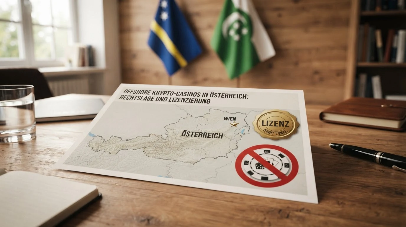 Eine stilisierte Österreich-Karte mit Wien als Marker, daneben das BMF-Logo und ein rot durchgestrichenes Glücksspiel-Symbol, darunter die Flaggen von Curaçao und Anjouan als Offshore-Sitz-Symbole