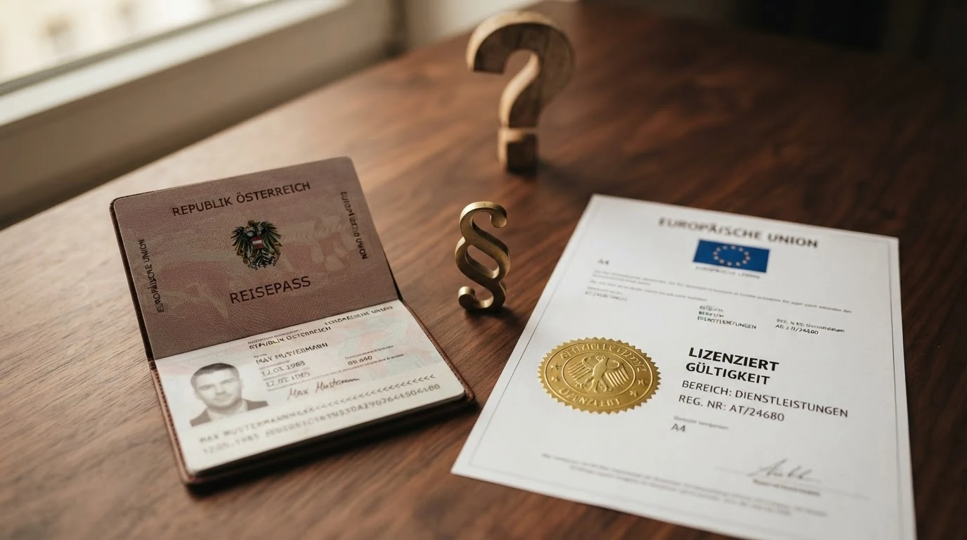 Ein österreichischer Reisepass neben einem EU-Lizenzdokument und einem Paragrafen-Symbol, getrennt durch ein Fragezeichen