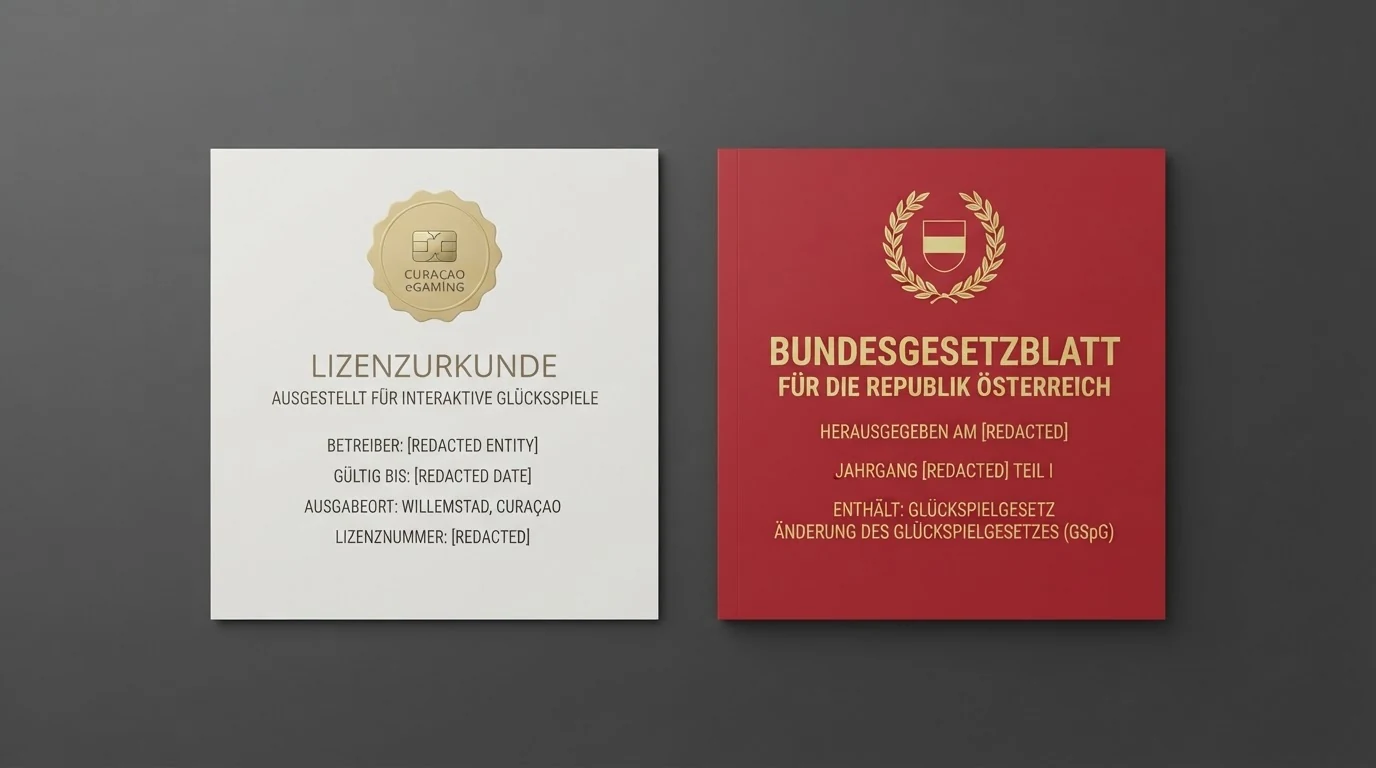 Zwei Dokumente nebeneinander: links eine Curaçao-eGaming-Lizenzurkunde, rechts das österreichische Bundesgesetzblatt mit dem Glücksspielgesetz