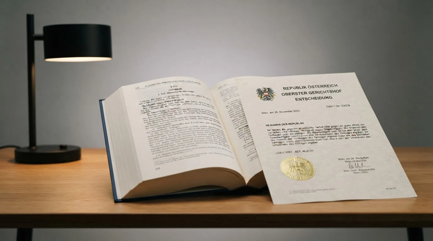 Ein aufgeschlagenes ABGB mit Paragrafenzeichen neben einem OGH-Urteilsdokument mit dem österreichischen Bundesadler.