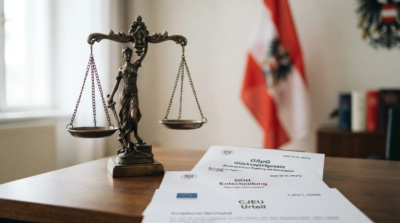 Eine stilisierte Waage der Justiz vor der österreichischen Flagge, im Hintergrund angedeutete Dokumente mit den Aufschriften „GSpG“, „OGH“ und „CJEU“