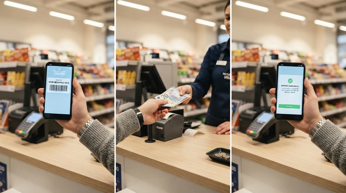 Die drei Schritte einer Okto-Cash-Einzahlung: PayCode am Smartphone, Bargeld an der Kasse, Casino-Guthaben in Echtzeit